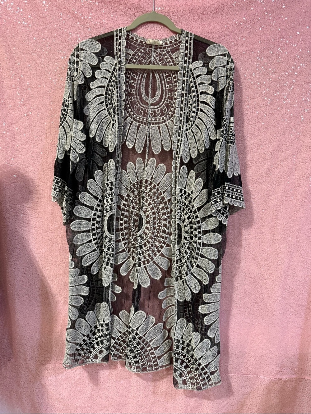 Sheer Black and White Floral Lace Kimono Top J7